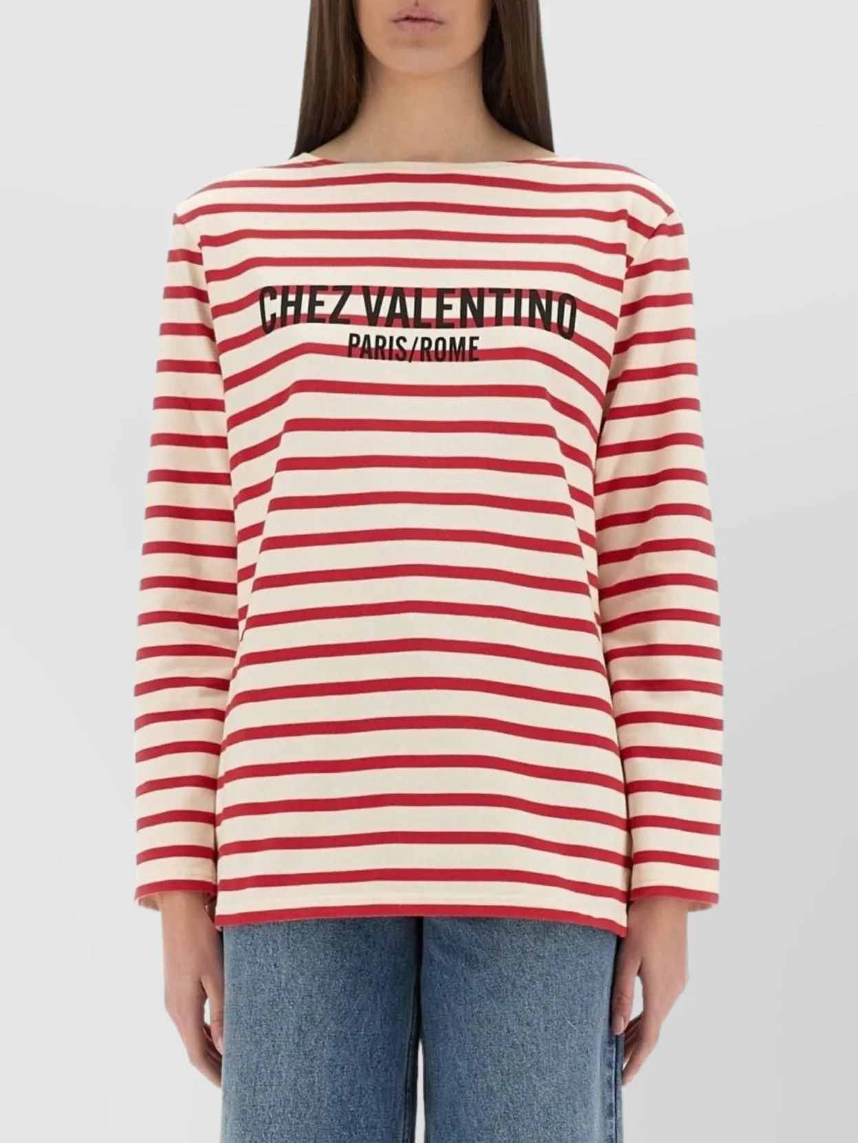 Valentino Striped Cotton Jersey Long Sleeve T-shirt Ivory And Red In Red