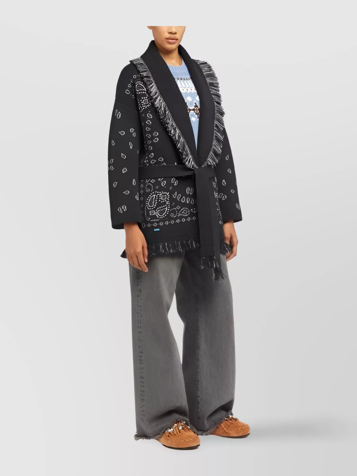 Alanui Fringed Belted Long Shawl Collar Cardigan