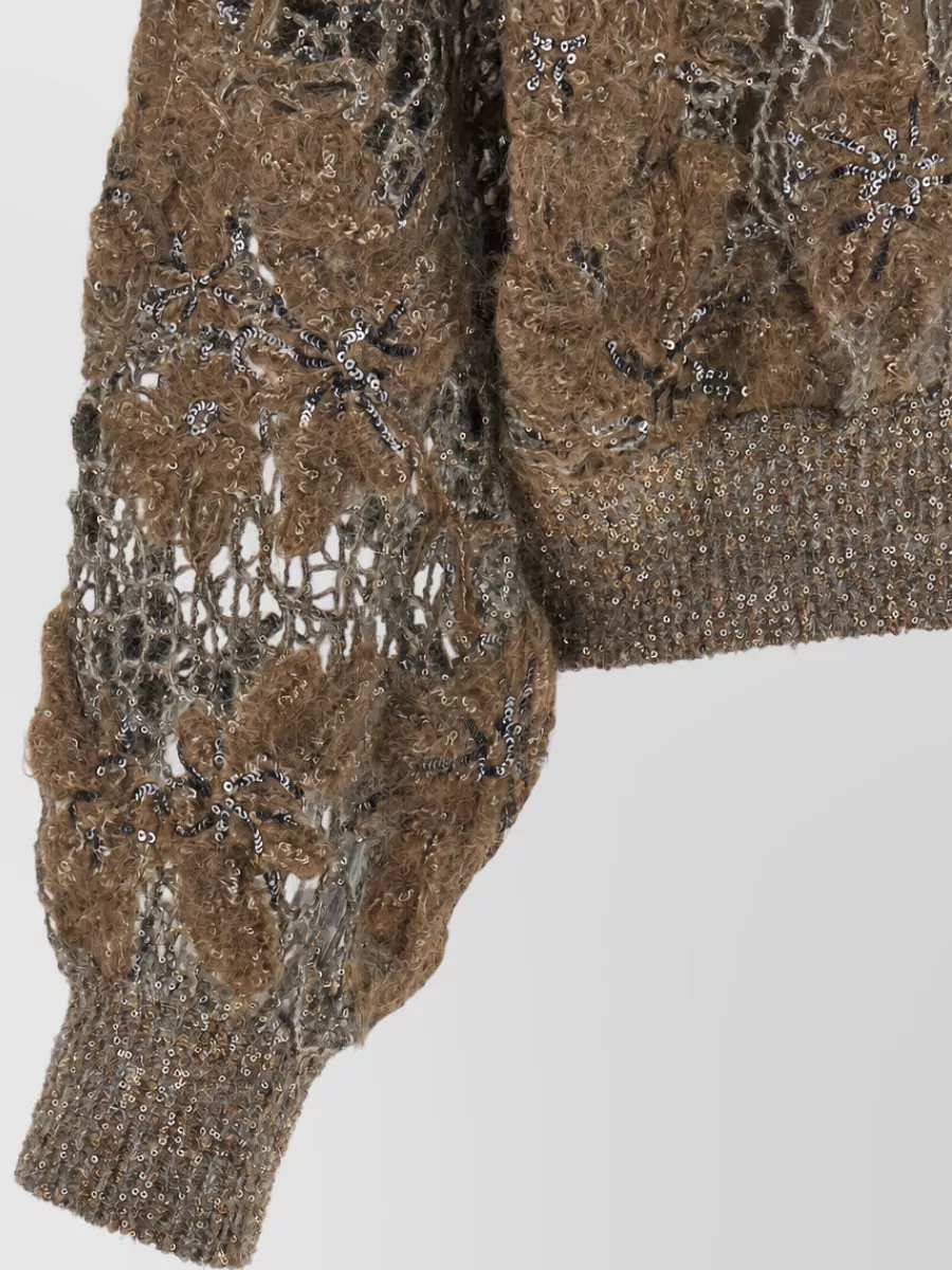Brunello Cucinelli Ribbed Floral-Embroidered Open-Mesh Sweater