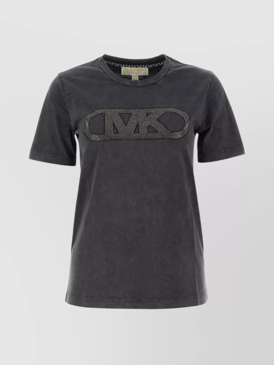 Shop Michael Kors Crew-neck Organic Cotton T-shirt With Front Jewel Embellishment In Grey
