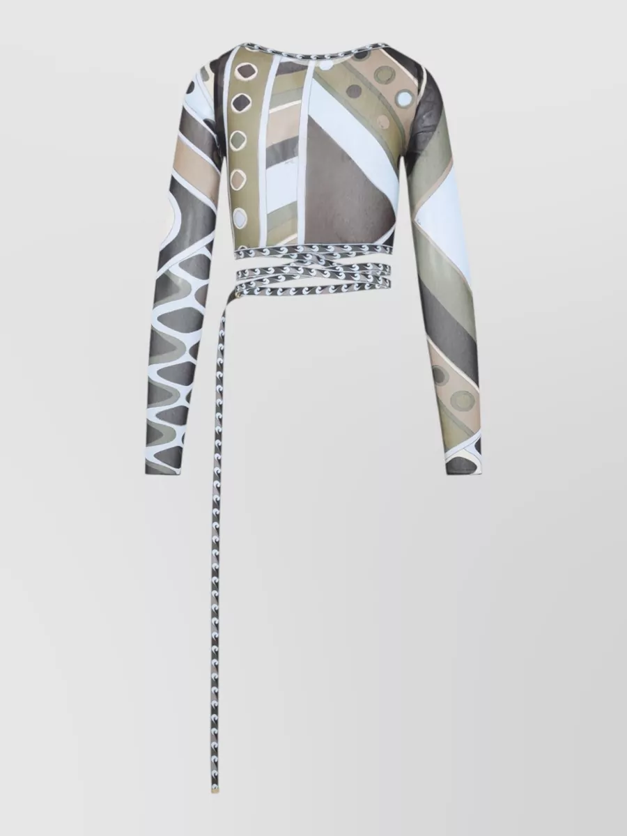 Pucci Printed Tulle Long Sleeve Crop Top