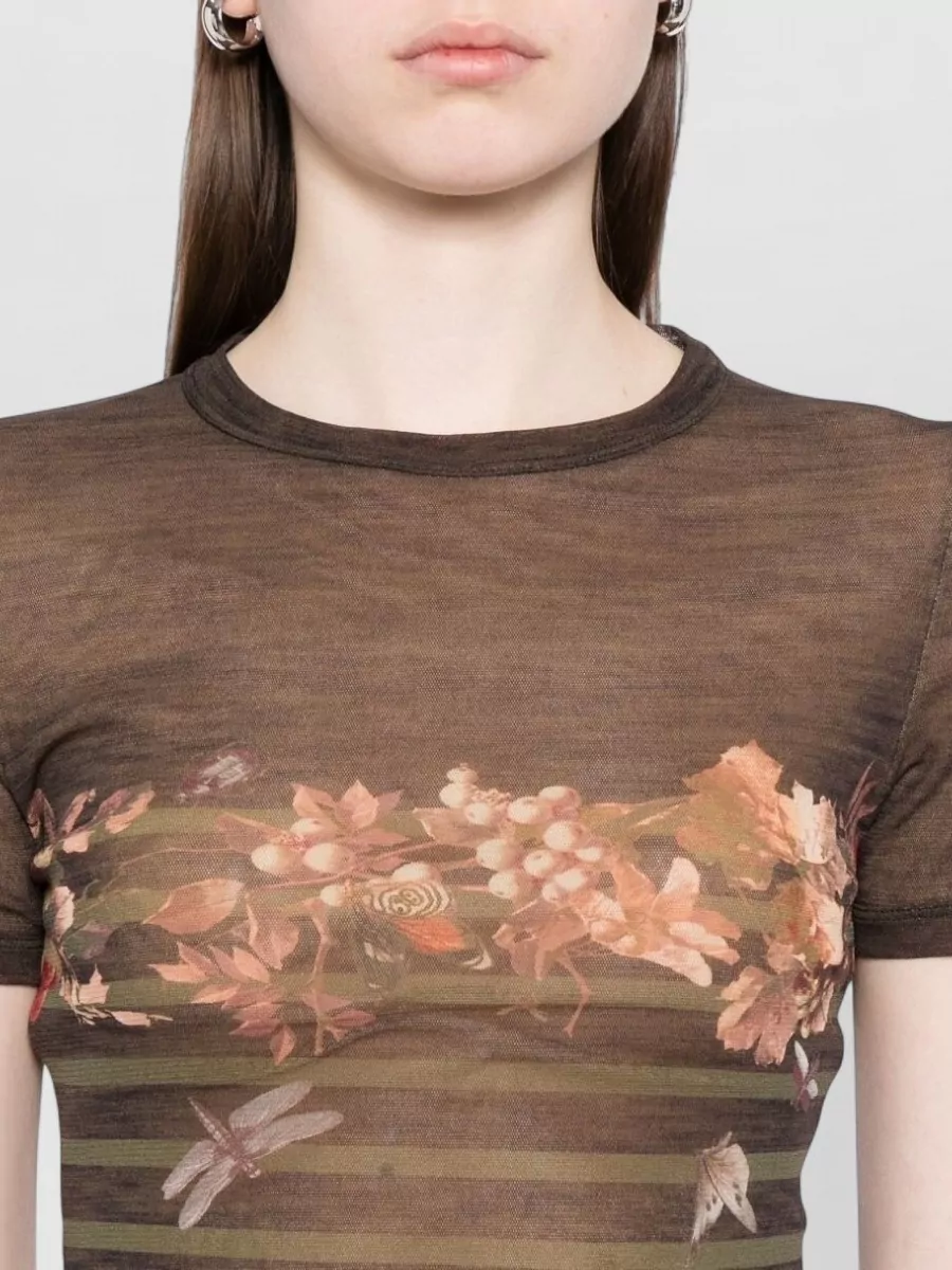 Jean Paul Gaultier Short Sleeves Round Neck Floral Striped Top