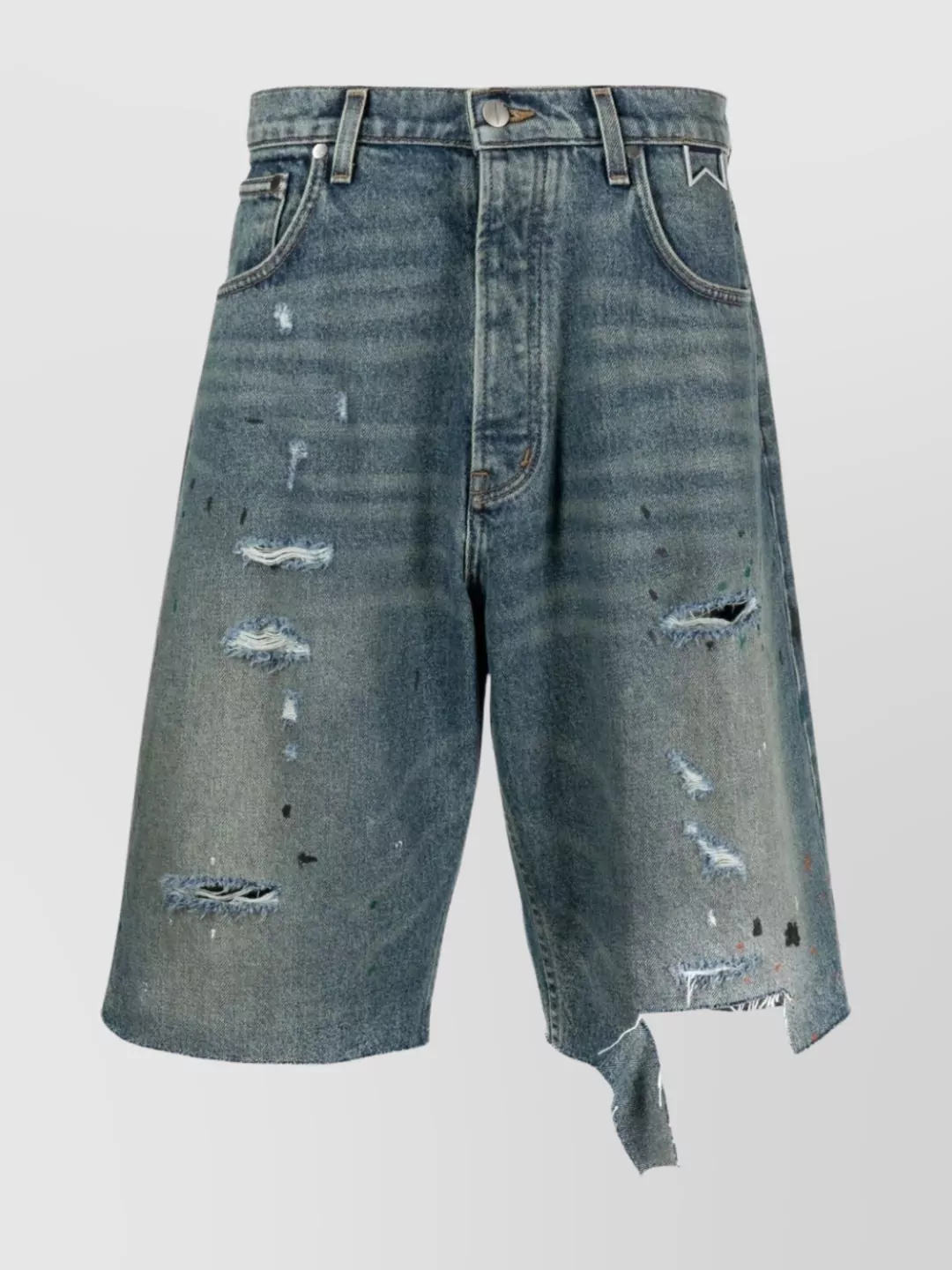 Shop Rhude Mid-rise Distressed Denim Shorts With Paint Splatter In Blue