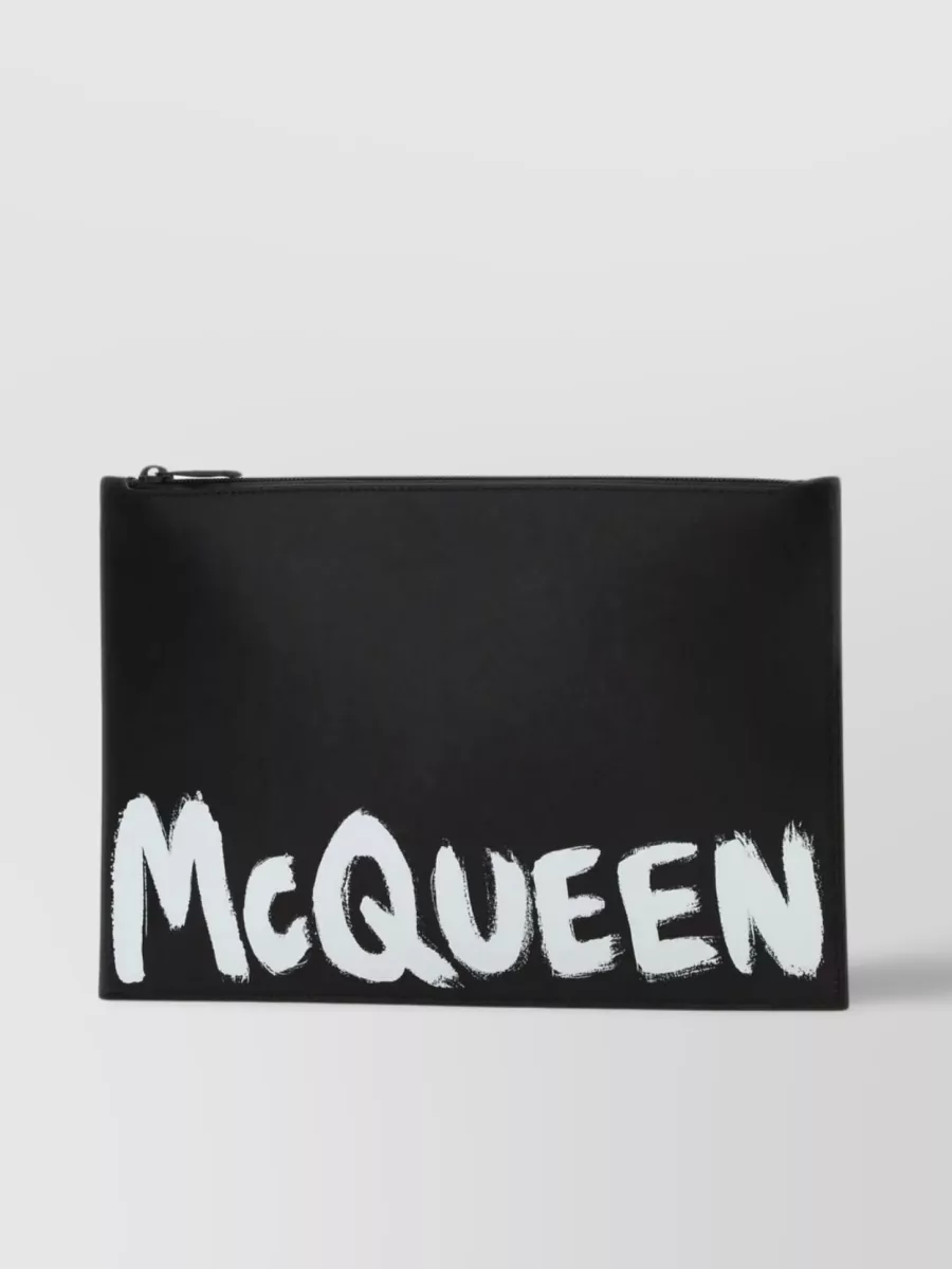Shop Alexander Mcqueen Structured Leather Clutch With Contrasting Graffiti Print In Black