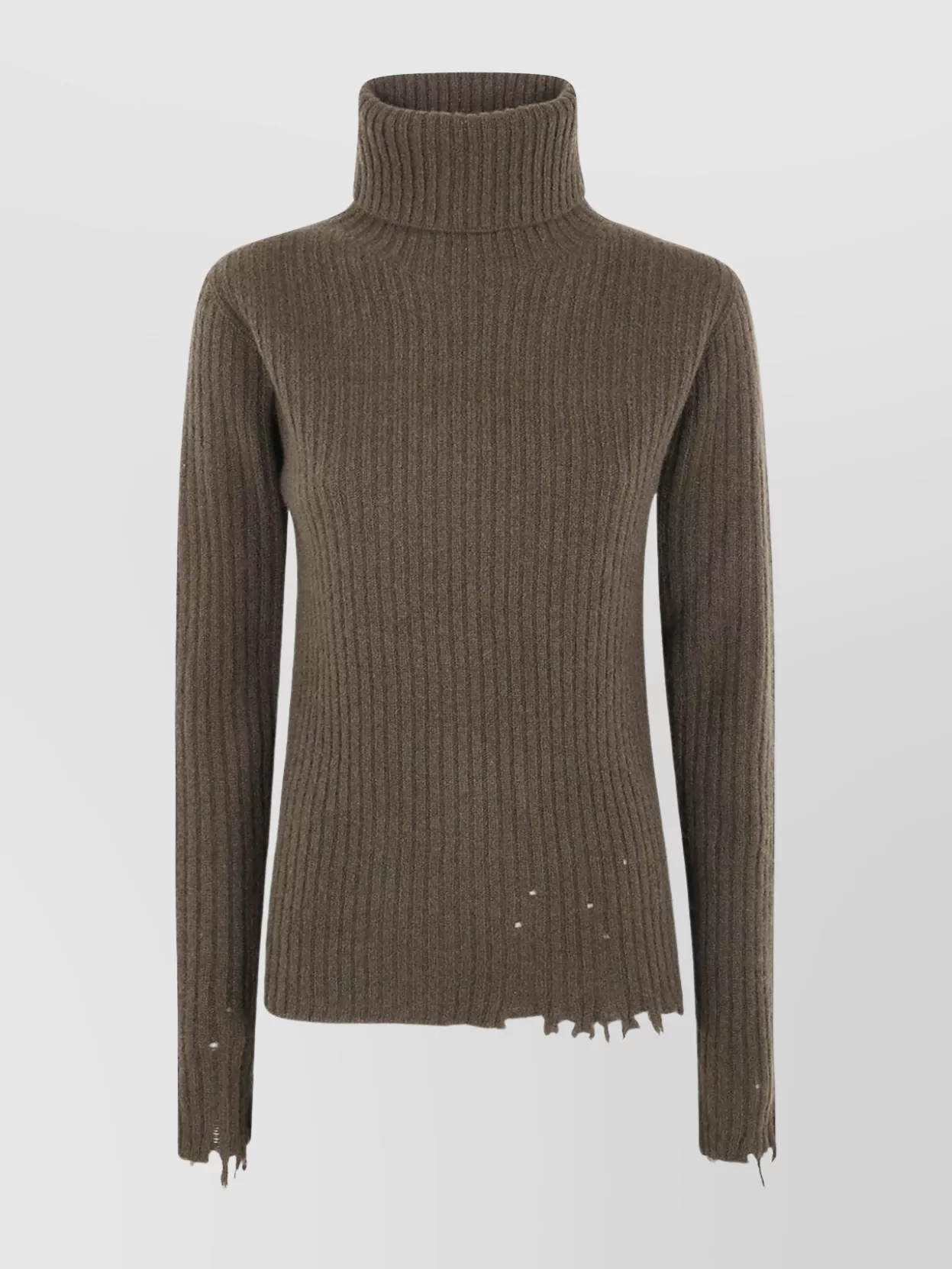 Uma Wang Ribbed Turtleneck Top Distressed Hem In Brown