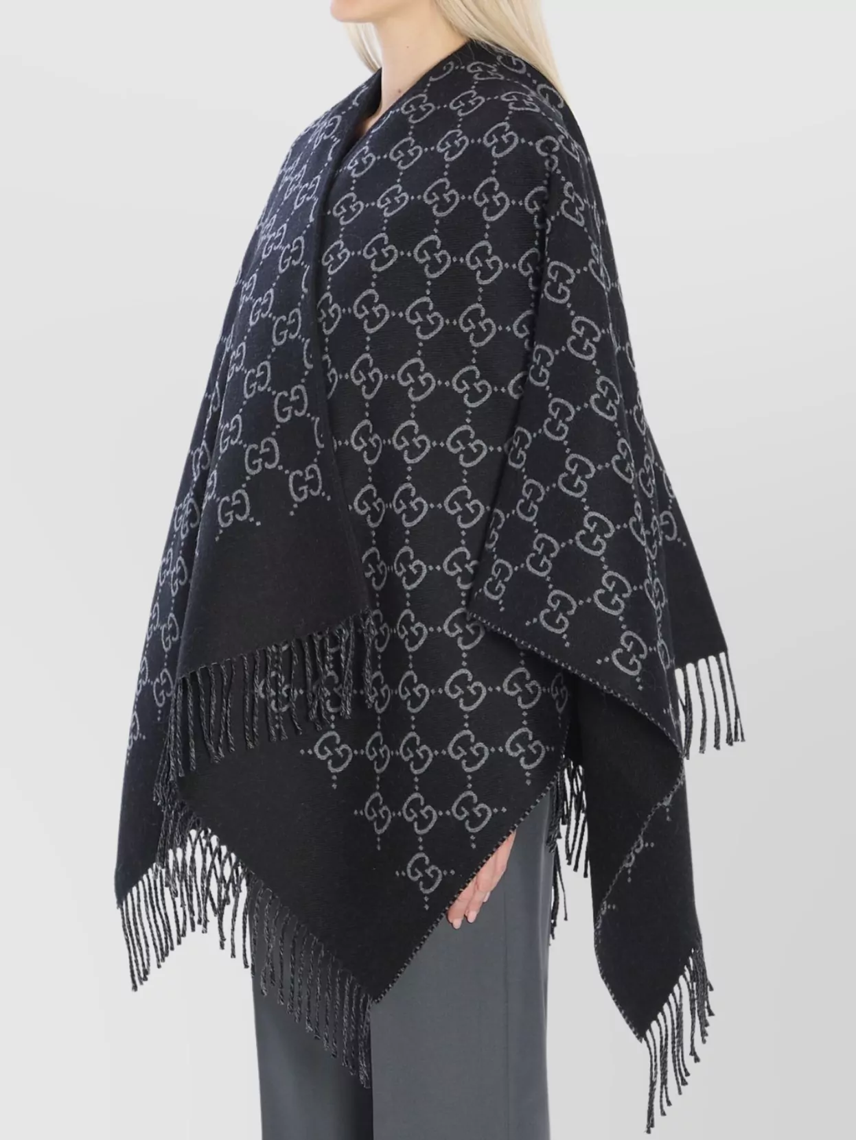Gucci Black Cape With Fringed Hem In Gg Wool Jacquard Woman In Black