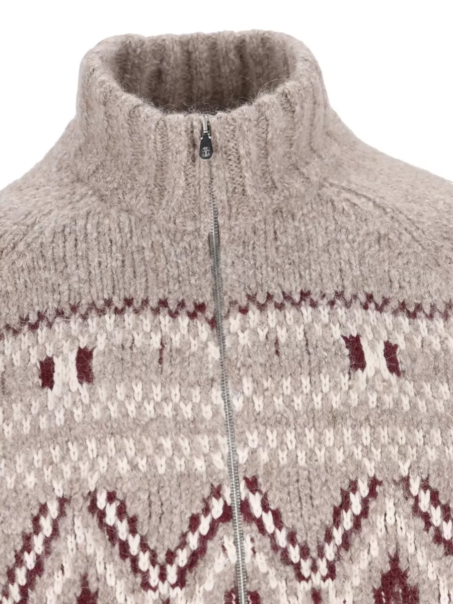 Brunello Cucinelli Knitted Jacket Geometric Pattern High Neck