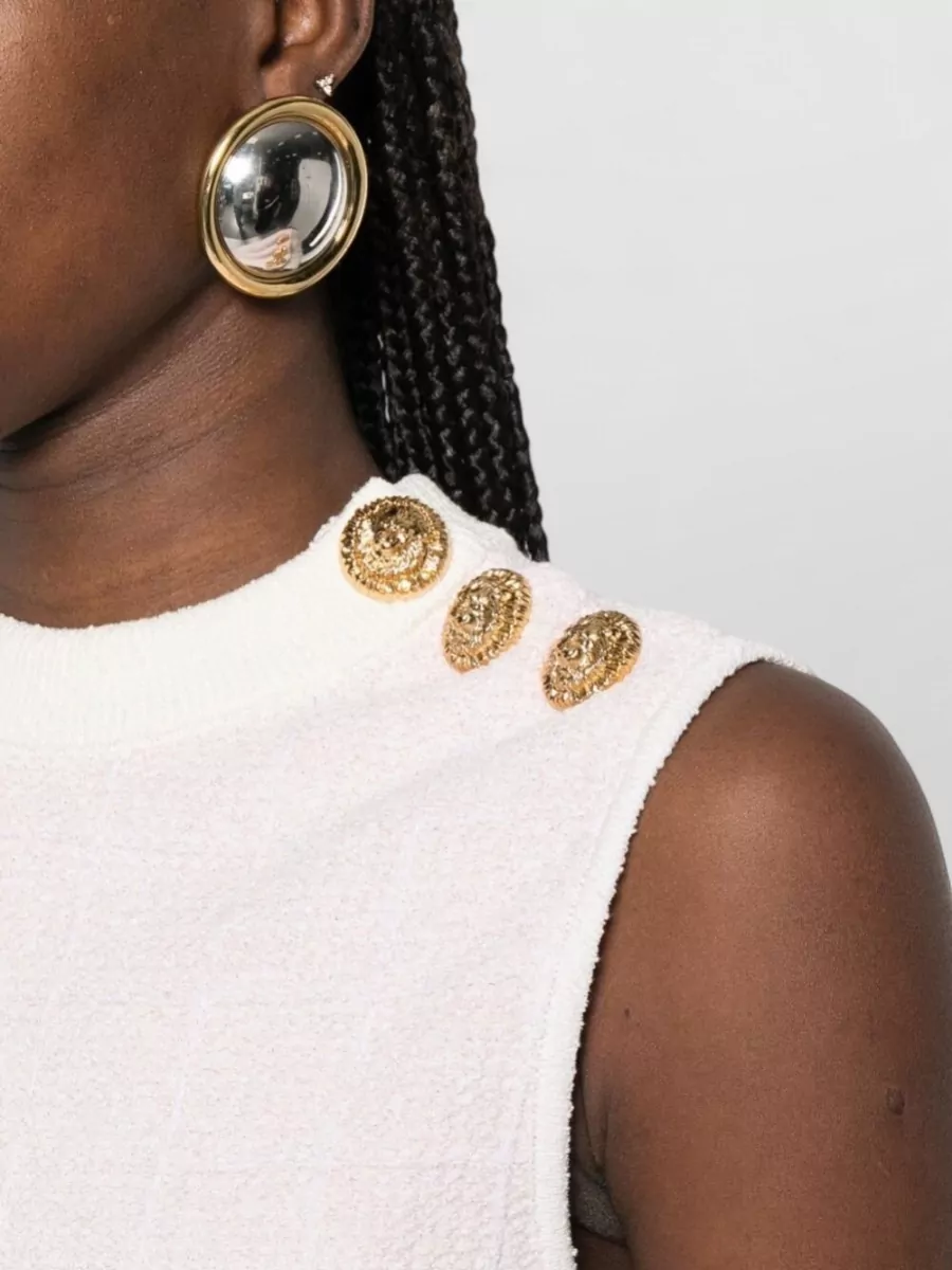 Balmain Knit Top Button Detail Sleeveless Round Neck