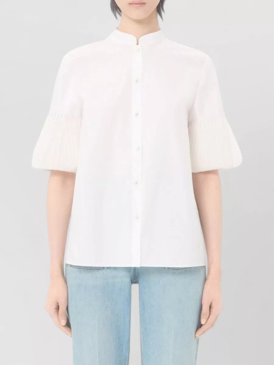Valentino Cotton Mandarin Collar Pleated Sleeve Blouse