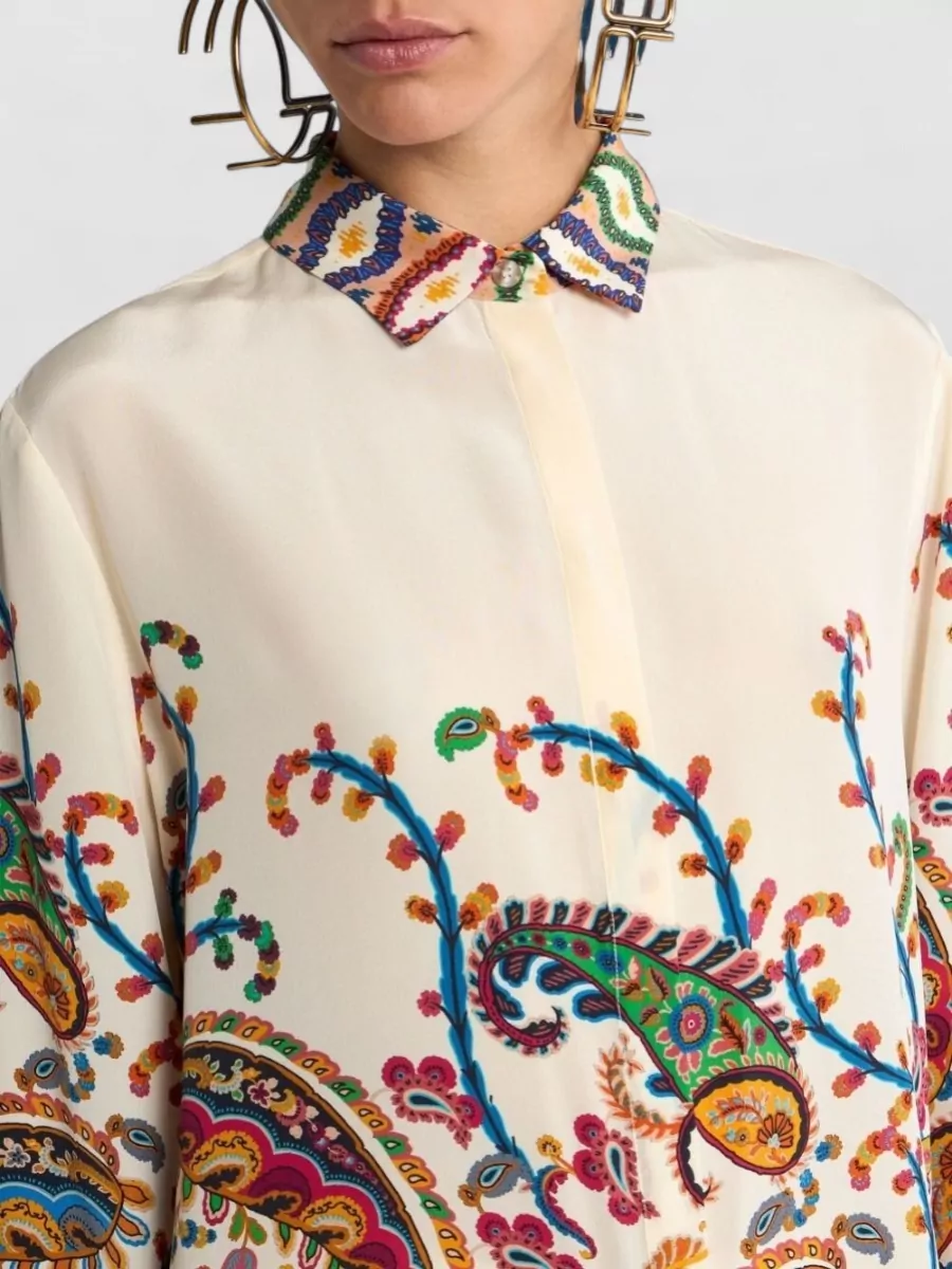 Etro Long Sleeve Nylon Silk Paisley Trim Top