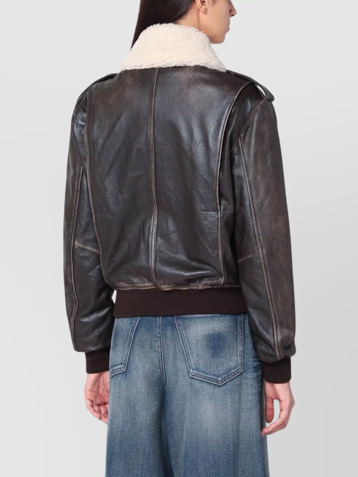 Halfboy Brown Leather Bomber Jacket With Shearling Collar In Brown