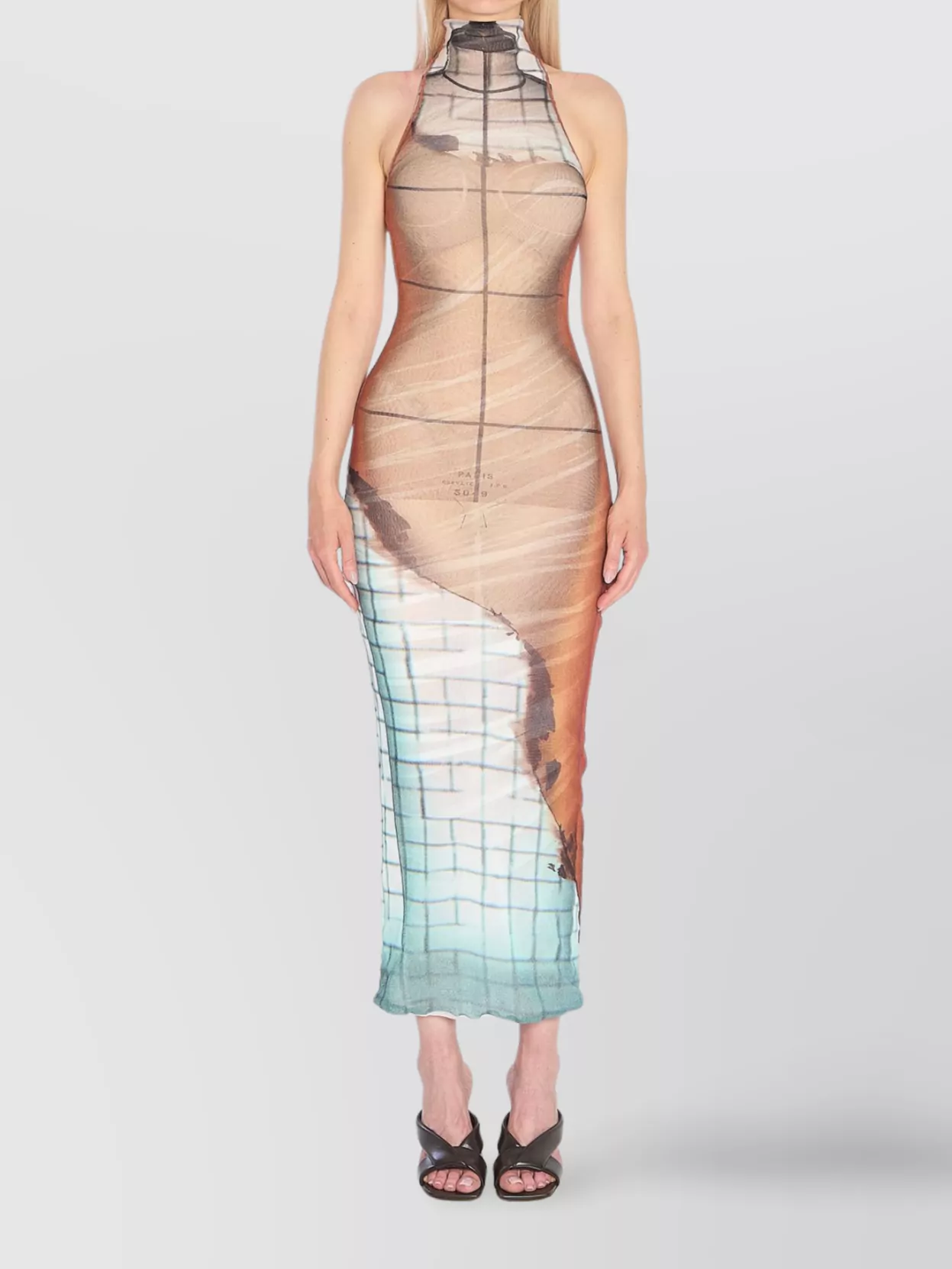 Jean Paul Gaultier Fire Printed Mesh Sleeveless Midi Dress In Multi