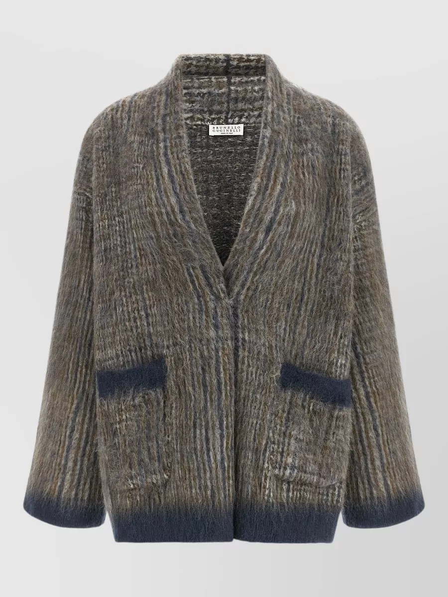 Brunello Cucinelli Mohair wool prince of wales oversized cardigan with scarf