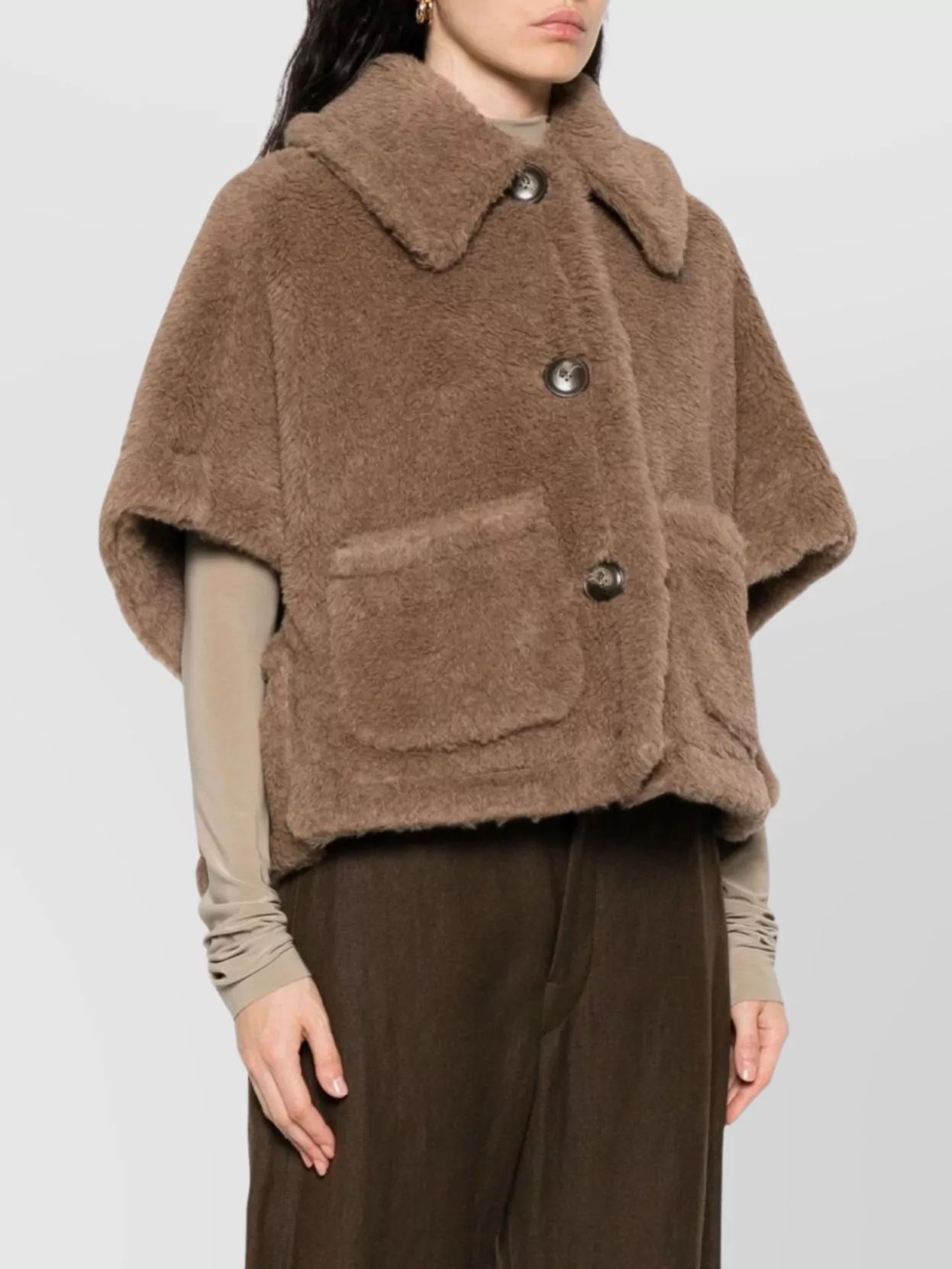 Max Mara Faux Fur Texture Capes With Large Collar In Brown