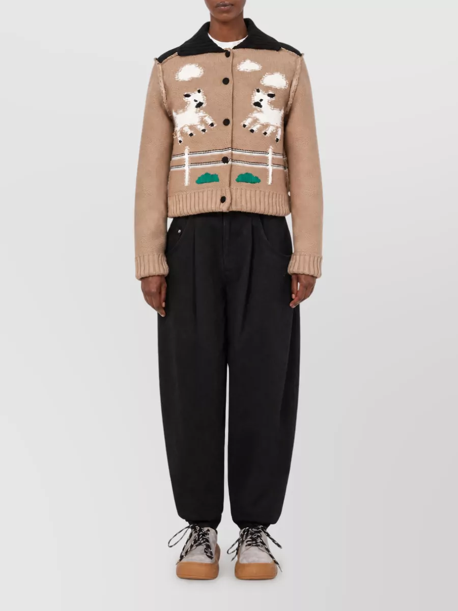 Moschino Virgin Wool Lamb Intarsia Long-Sleeve Ribbed Cardigan
