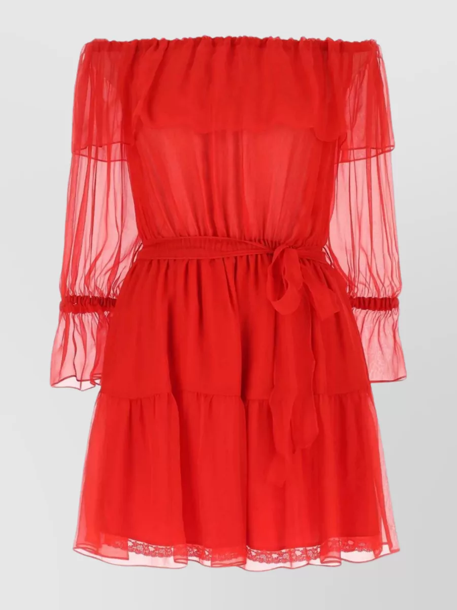 Shop Gucci Off-the-shoulder Chiffon Mini Dress In Red