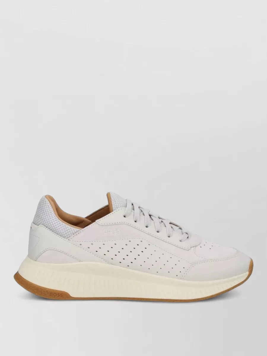 Boss Leather Sneakers Low Profile Contrast Sole Perforated