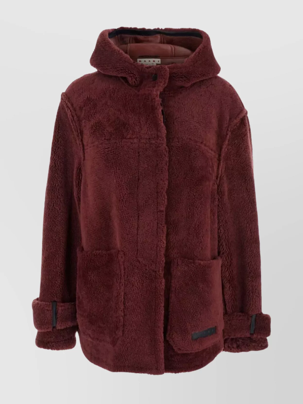 Marni Brown Jacket With Hood With Buttons And Logo Patch On The Front In Fur Woman