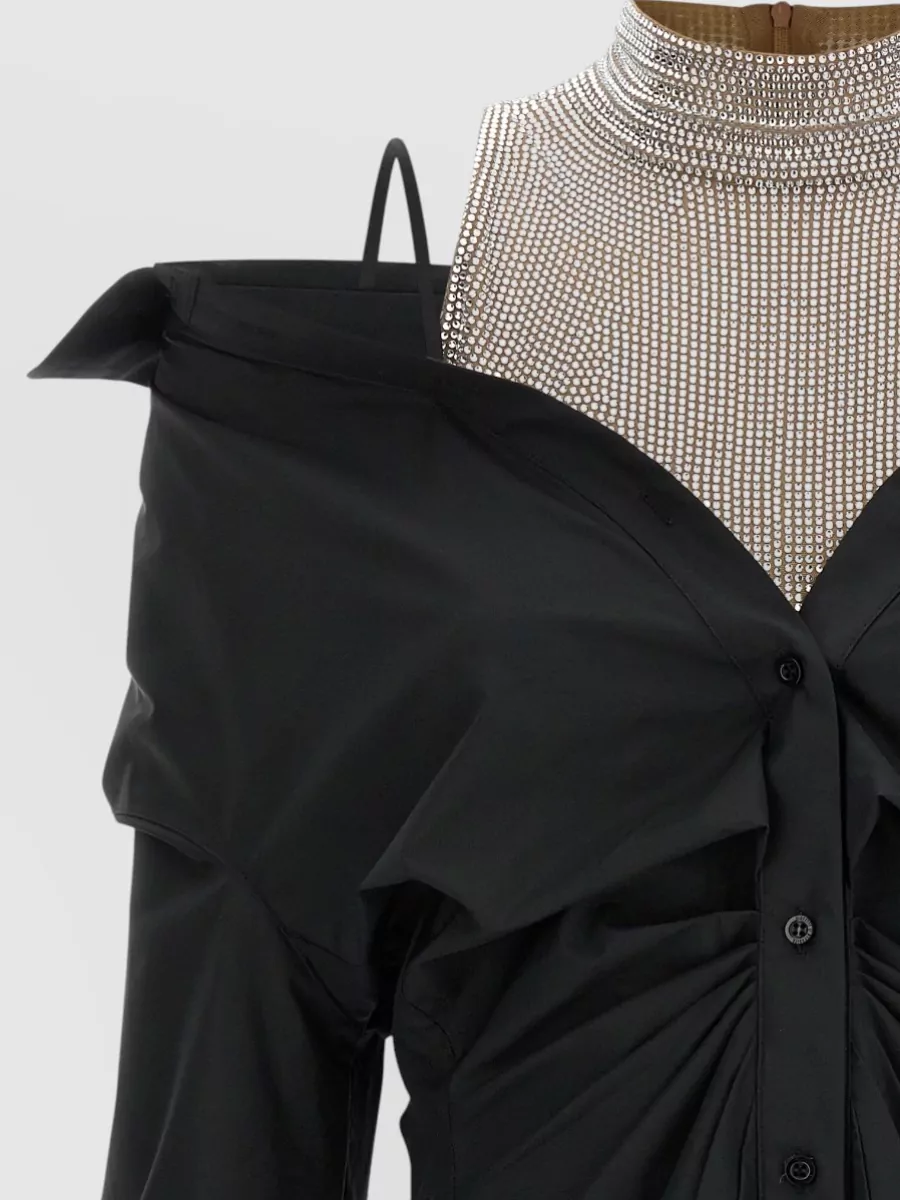 Giuseppe Di Morabito Cotton Rhinestone Appliqué High-Neck Cropped Mini Chemisier Dress