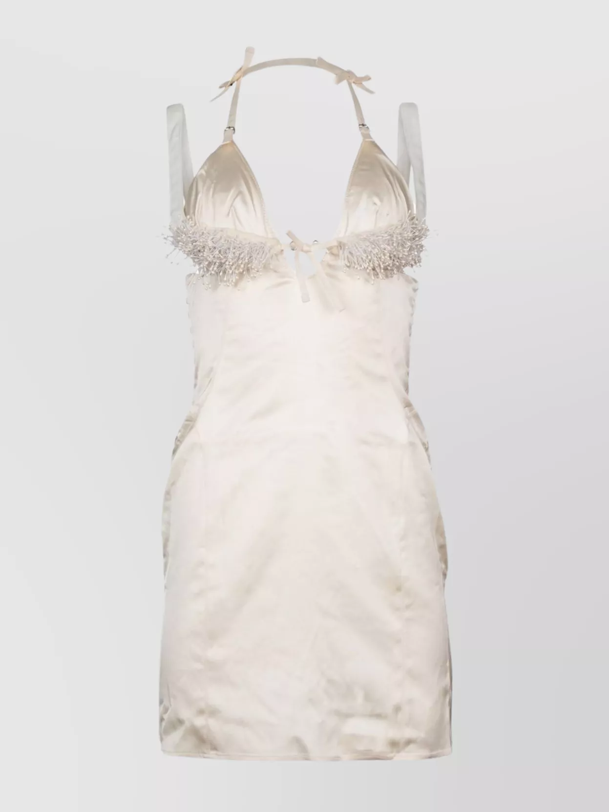 Shop Jacquemus Tie Neck Satin Dress With Feather Embellishments In White