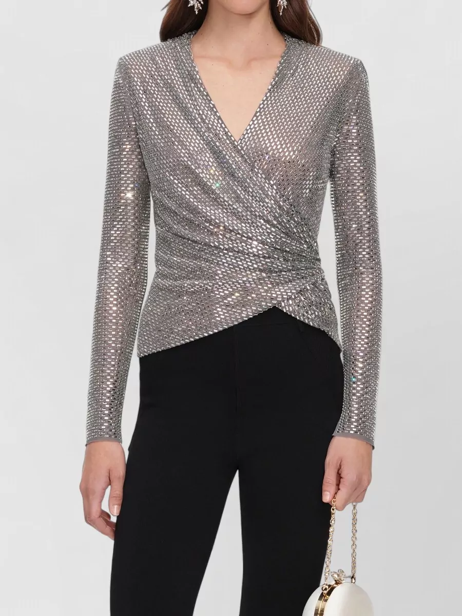 Self-Portrait Rhinestone Mesh Draped Wrap Top