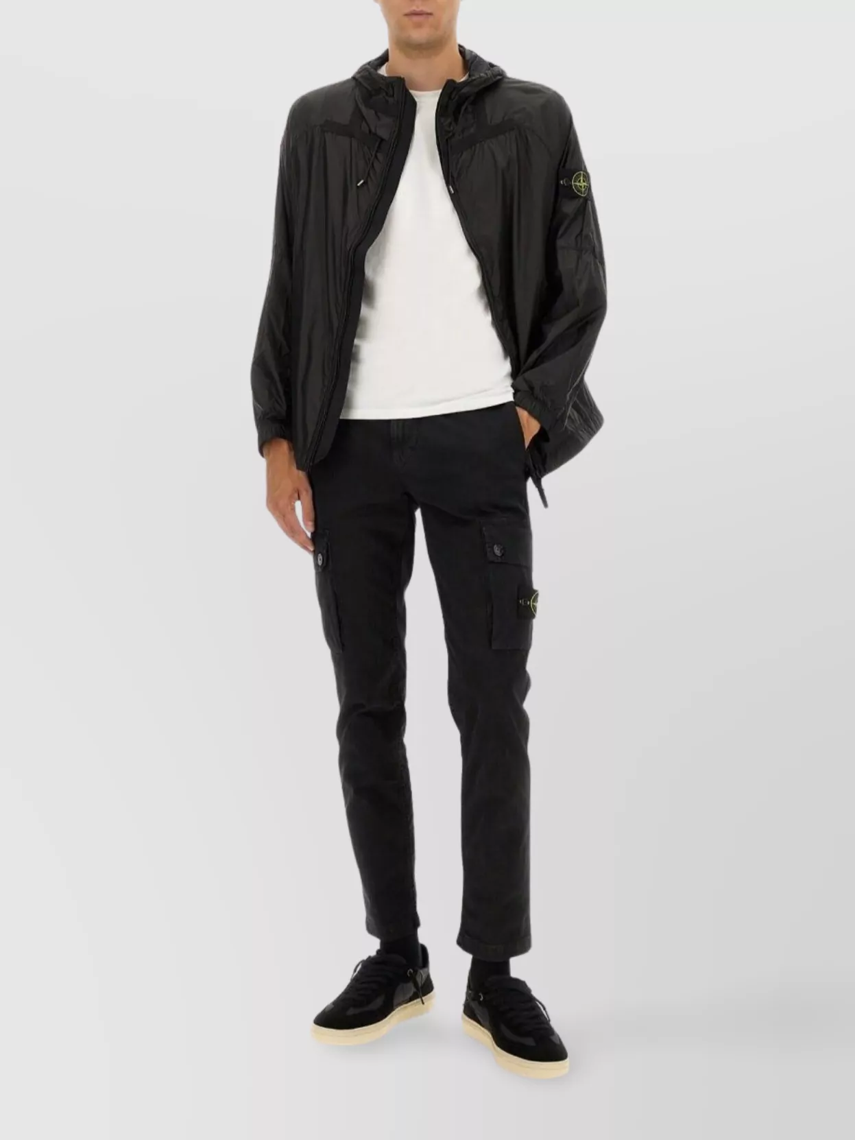 Stone Island Hooded Jacket With Elasticated Cuffs And Side Pockets In Black