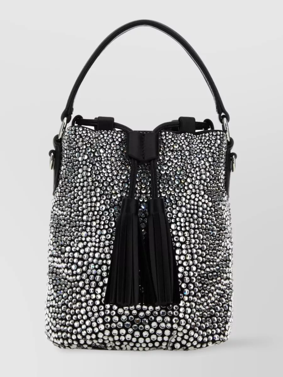 Shop Miu Miu Crystal-embellished Satin Bucket Bag In Black