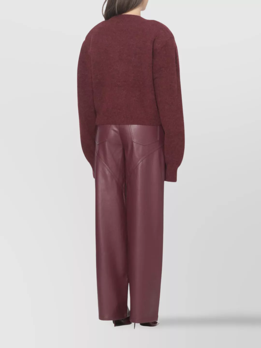 Rotate Birger Christensen Rotate Cropped Burgundy Sweater With Deep V-neckline And Floral Embellishment In Burgundy