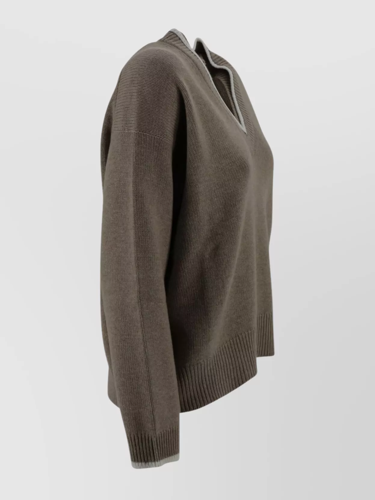 Brunello Cucinelli Ribbed V-neck Sweater Contrasting Border In Neutral
