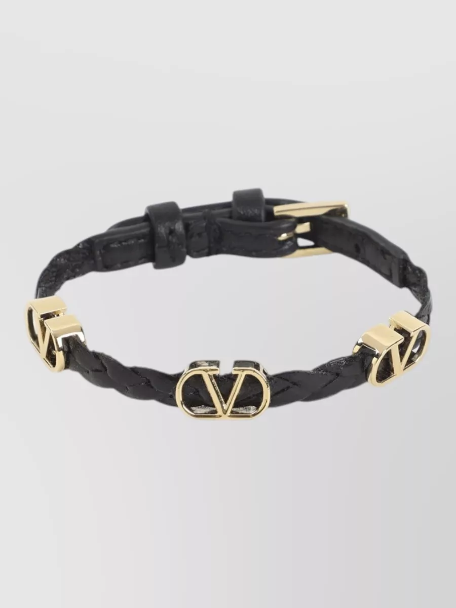 Valentino Garavani Leather Bracelet Braided Design Gold Tone Hardware