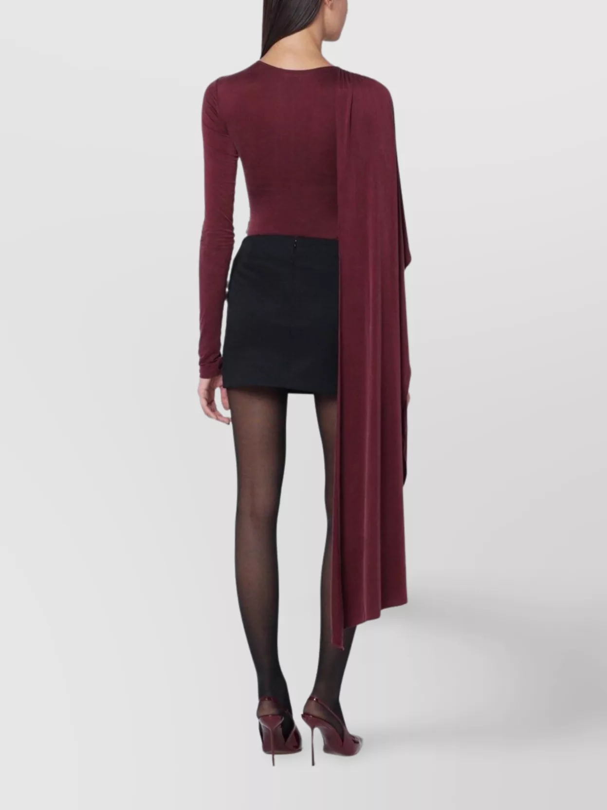 The Andamane Asymmetric Long Sleeve Bodysuit With Draped Detail In Brown