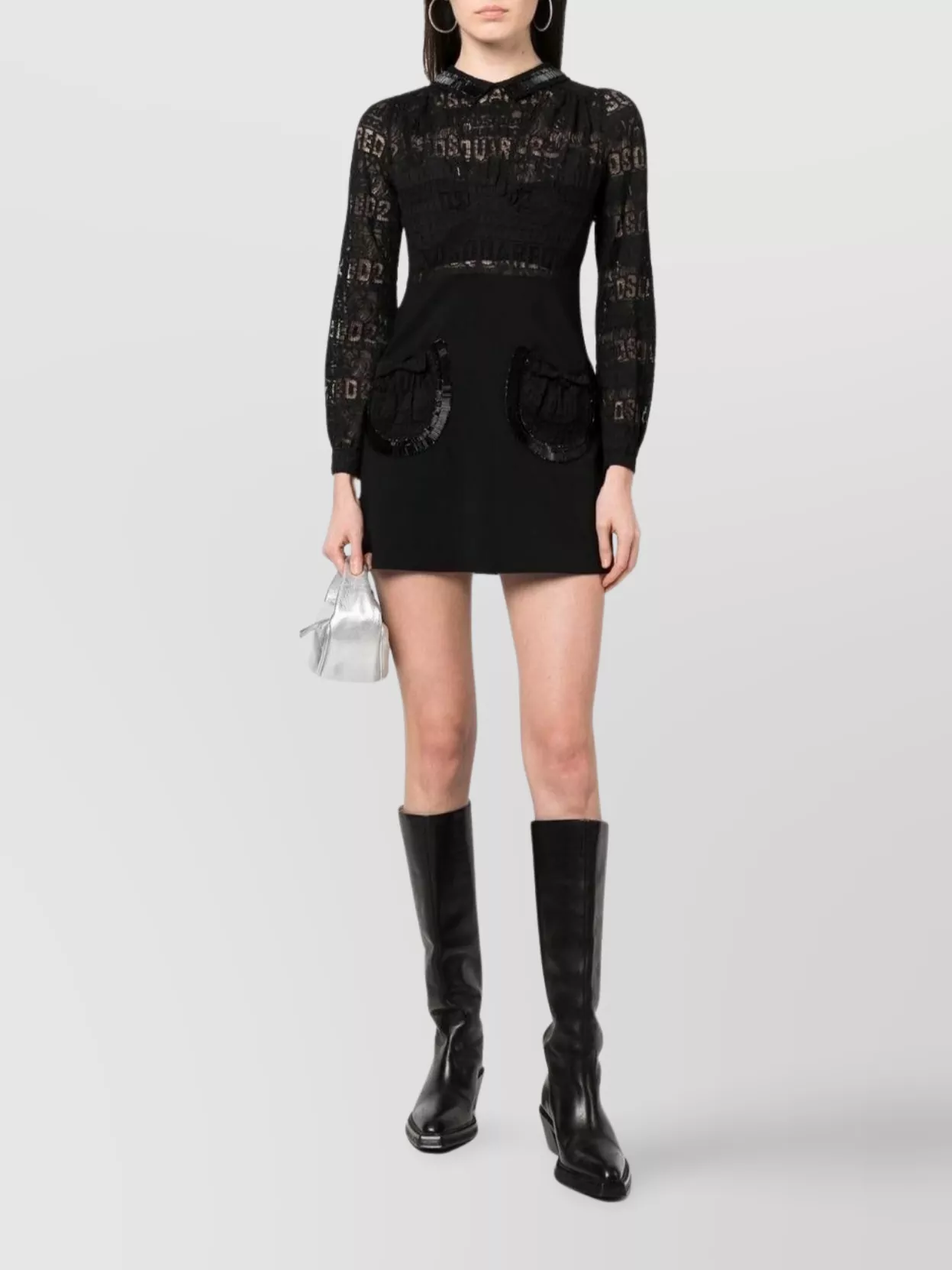 Dsquared2 Mini Dress With Beaded Lace And Sheer Panels In Black