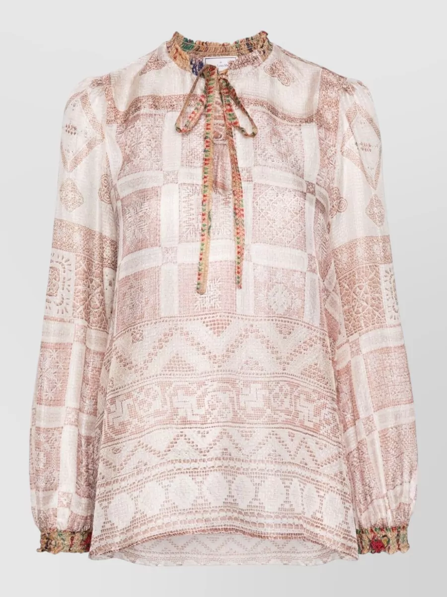 Pierre Louise Mascia Silk Semi-Sheer Printed Ruched Pussy-Bow Long-Sleeve Asymmetric Blouse