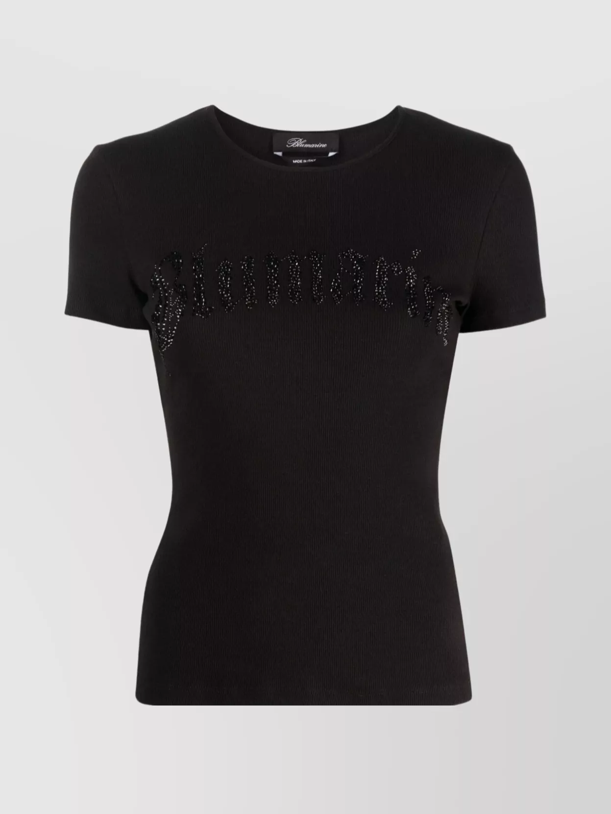 Shop Blumarine Ribbed Cotton Blend Crewneck Top With Short Sleeves In Black