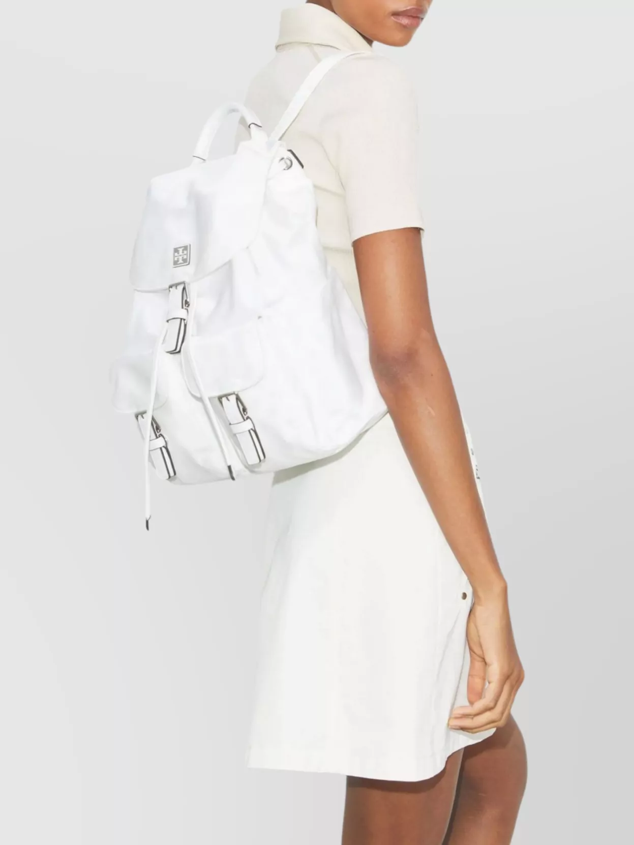 TORY BURCH ADJUSTABLE BUCKLE NYLON BACKPACK WITH FLAP POCKETS
