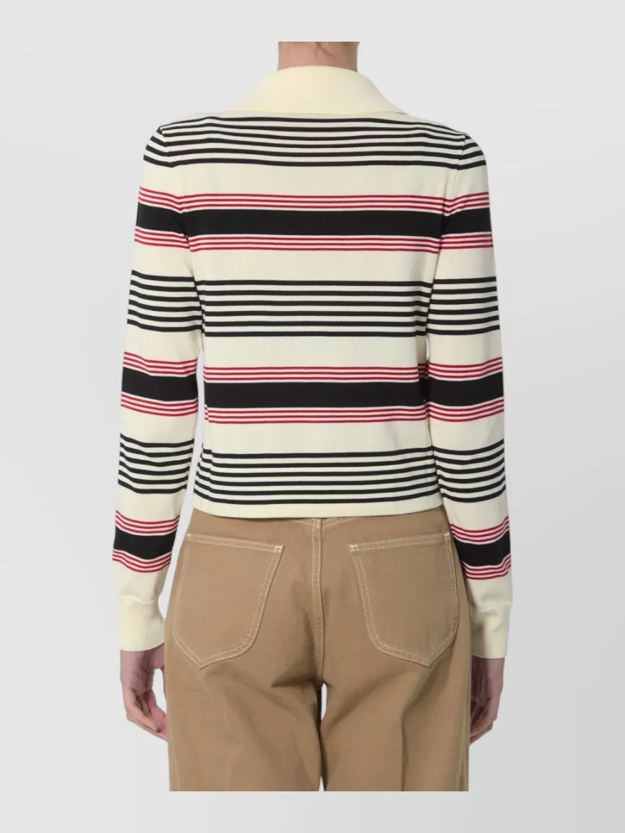 Celine Striped Ribbed Cropped Long-Sleeve Polo Shirt