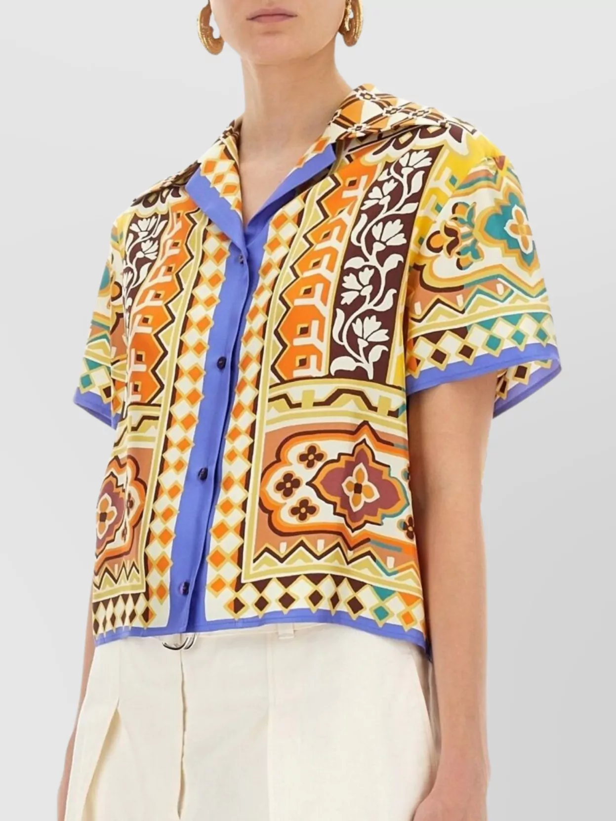Etro Short Sleeve Collared Cropped Print Top