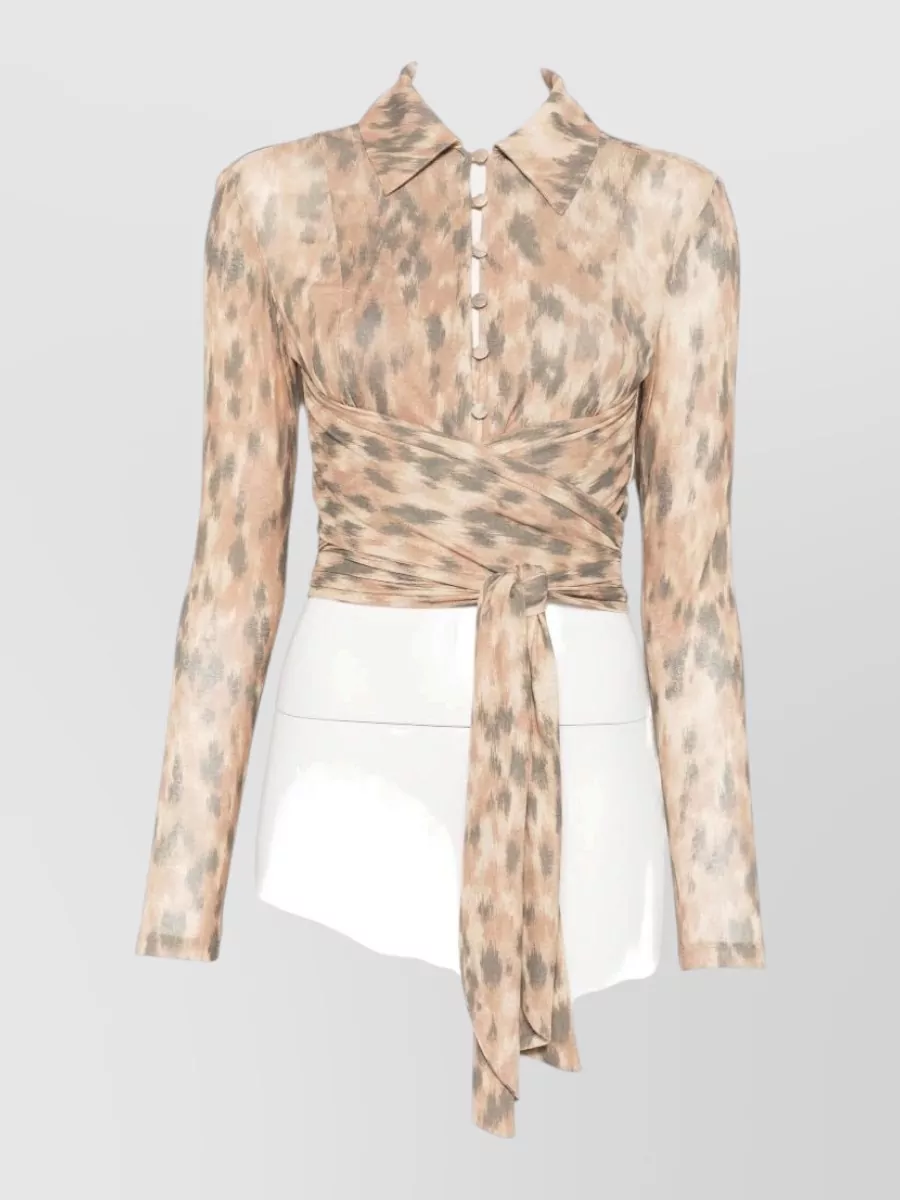 Ganni printed wrap long-sleeve cropped blouse