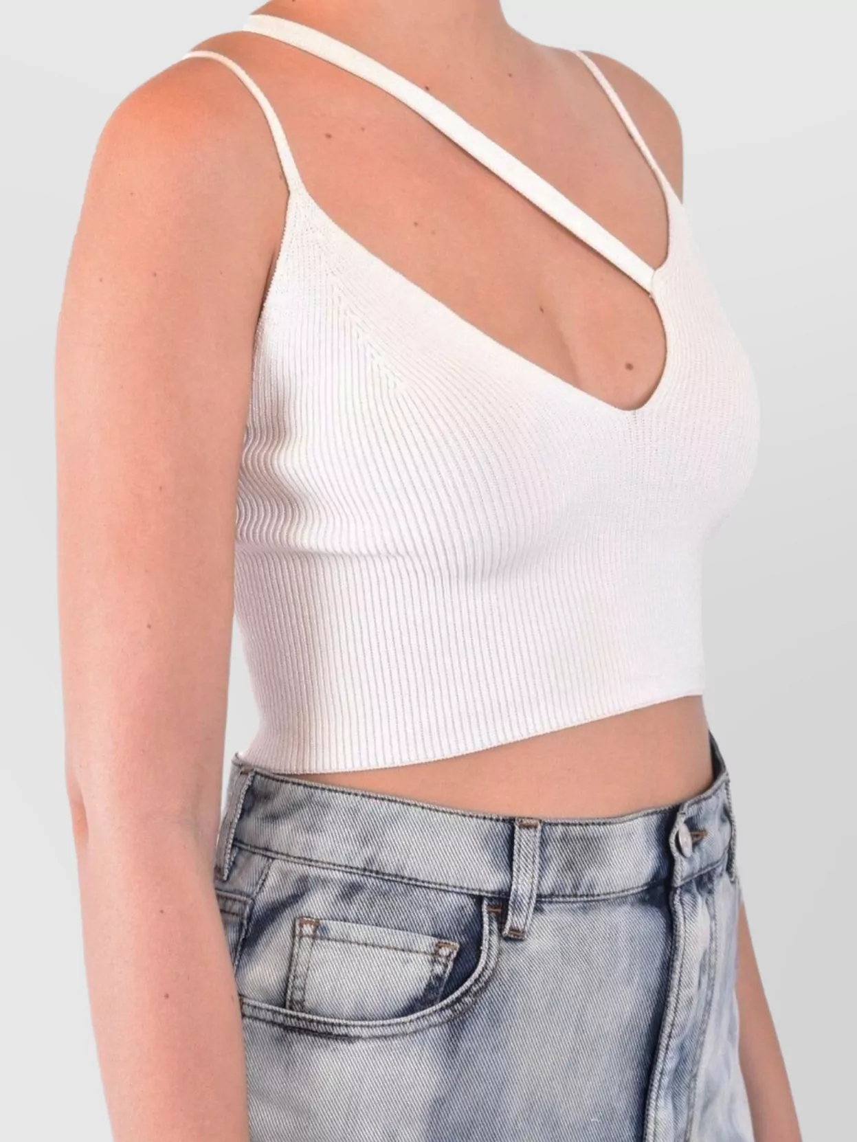 Laneus Cropped Sleeveless Stretch Ribbed Asymmetric Top