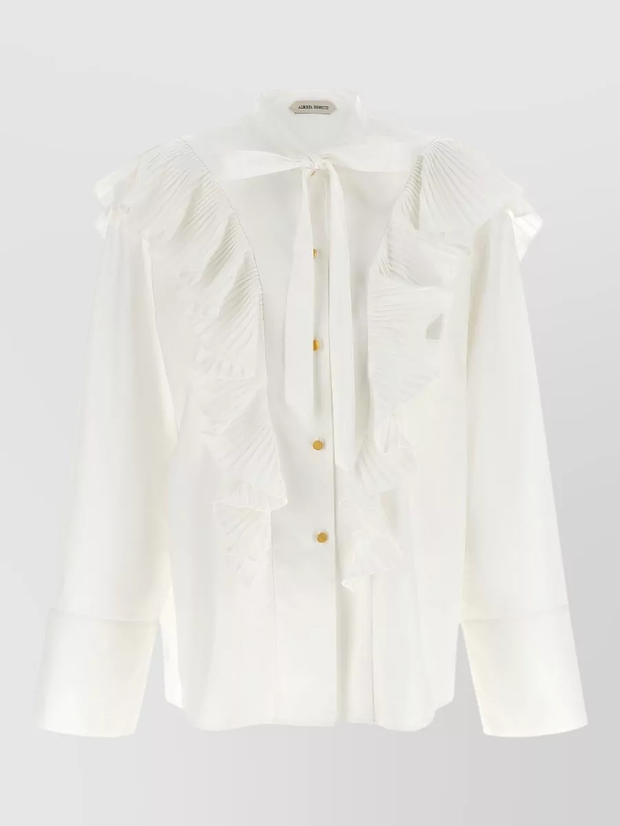 Alberta Ferretti Cotton pleated ruffle long-sleeve blouse