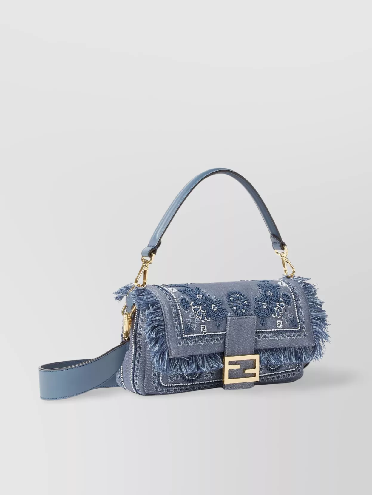 Fendi Embroidered Fringe Top Handle Shoulder Bag In Blue