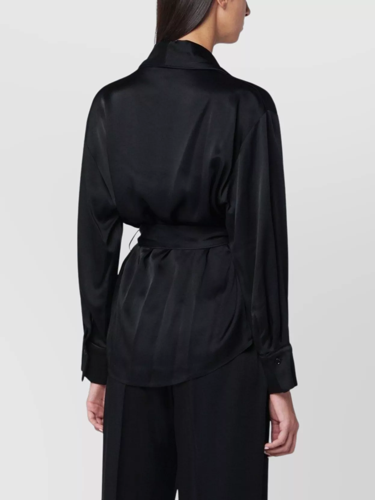 Victoria Beckham Satin Blouse With Belted Waist And Shawl Collar In Black