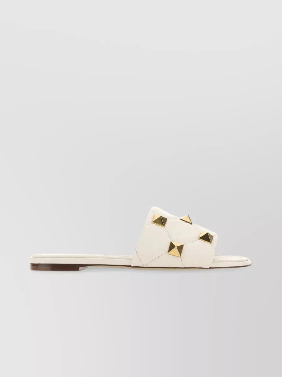 Shop Valentino Quilted Leather Slippers With Metal Studs In Beige