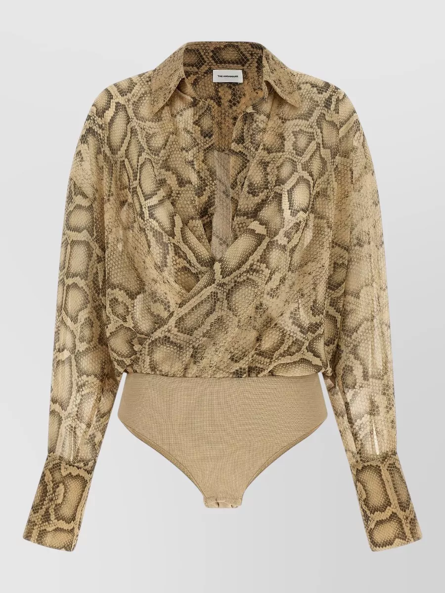 The Andamane Paloma Snake Print Collared Long Sleeve Bodysuit In Brown