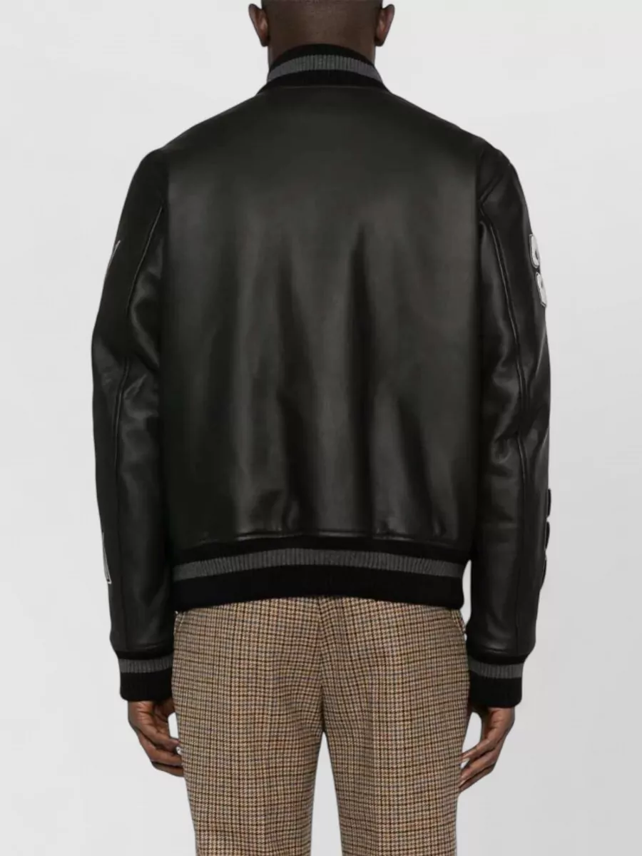 Off-White Leather Varsity Bomber Jacket Ribbed Trim