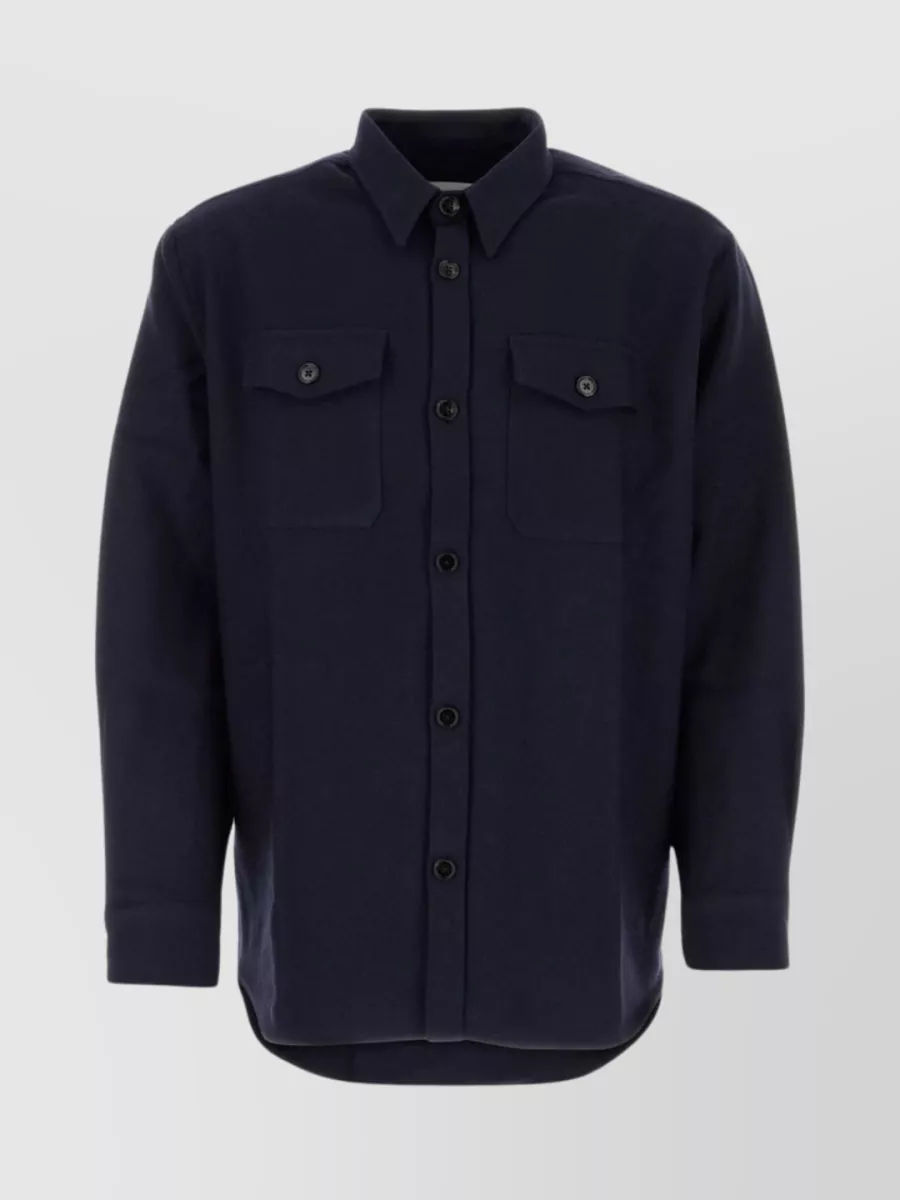 Shop Ami Alexandre Mattiussi Wool Oversize Shirt With Rear Yoke And Chest Pockets In Blue