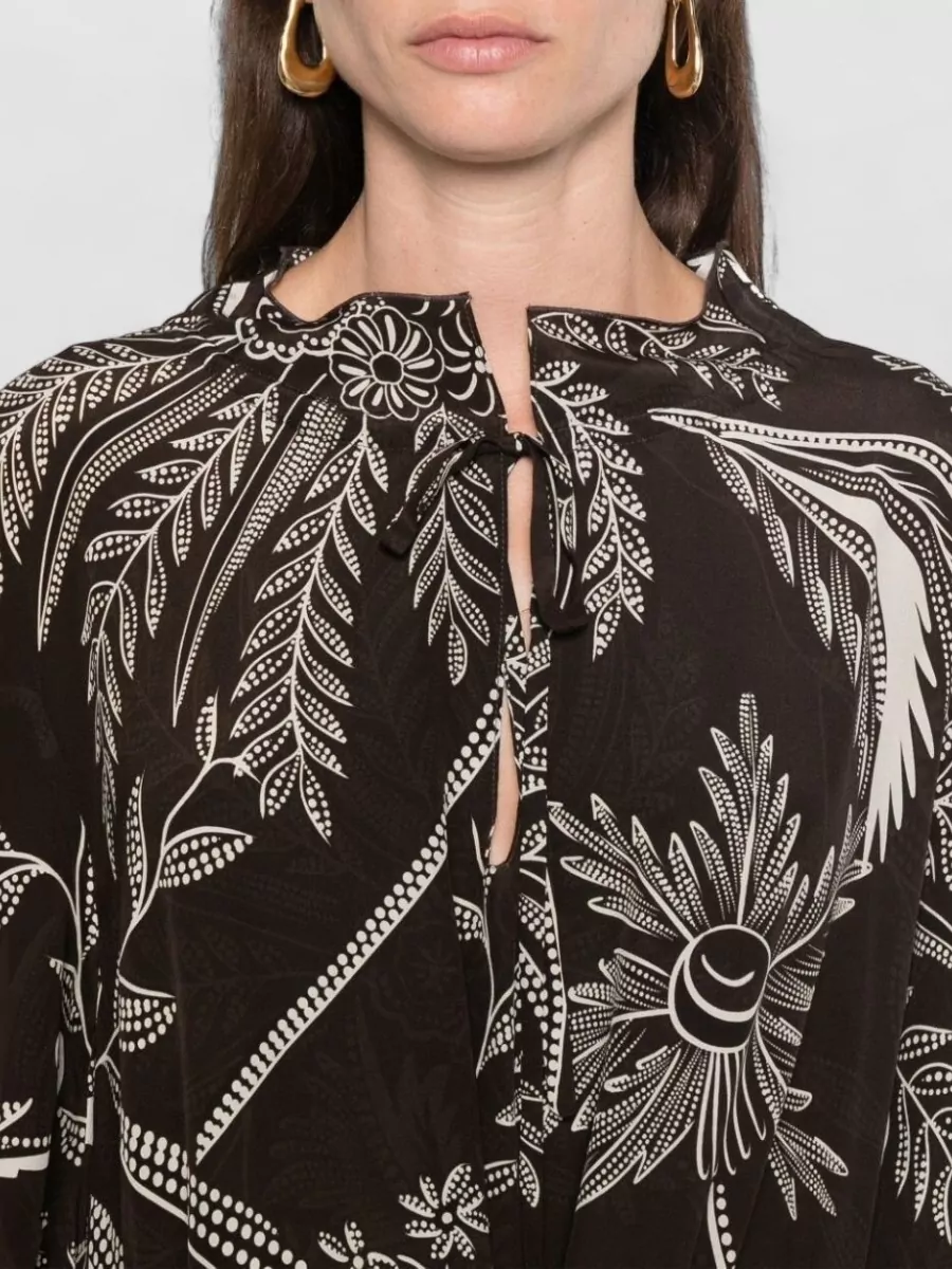 F.r.s For Restless Sleepers Silk Botanical-Print Crew-Neck Long-Sleeve Drawstring-Waist Flared Maxi Dress