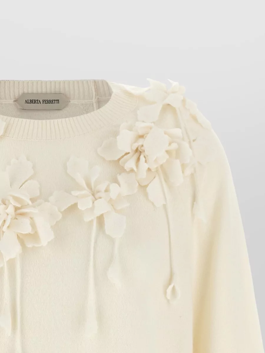 Alberta Ferretti Virgin Wool Floral-Embellished Ribbed Crew-Neck Sweater