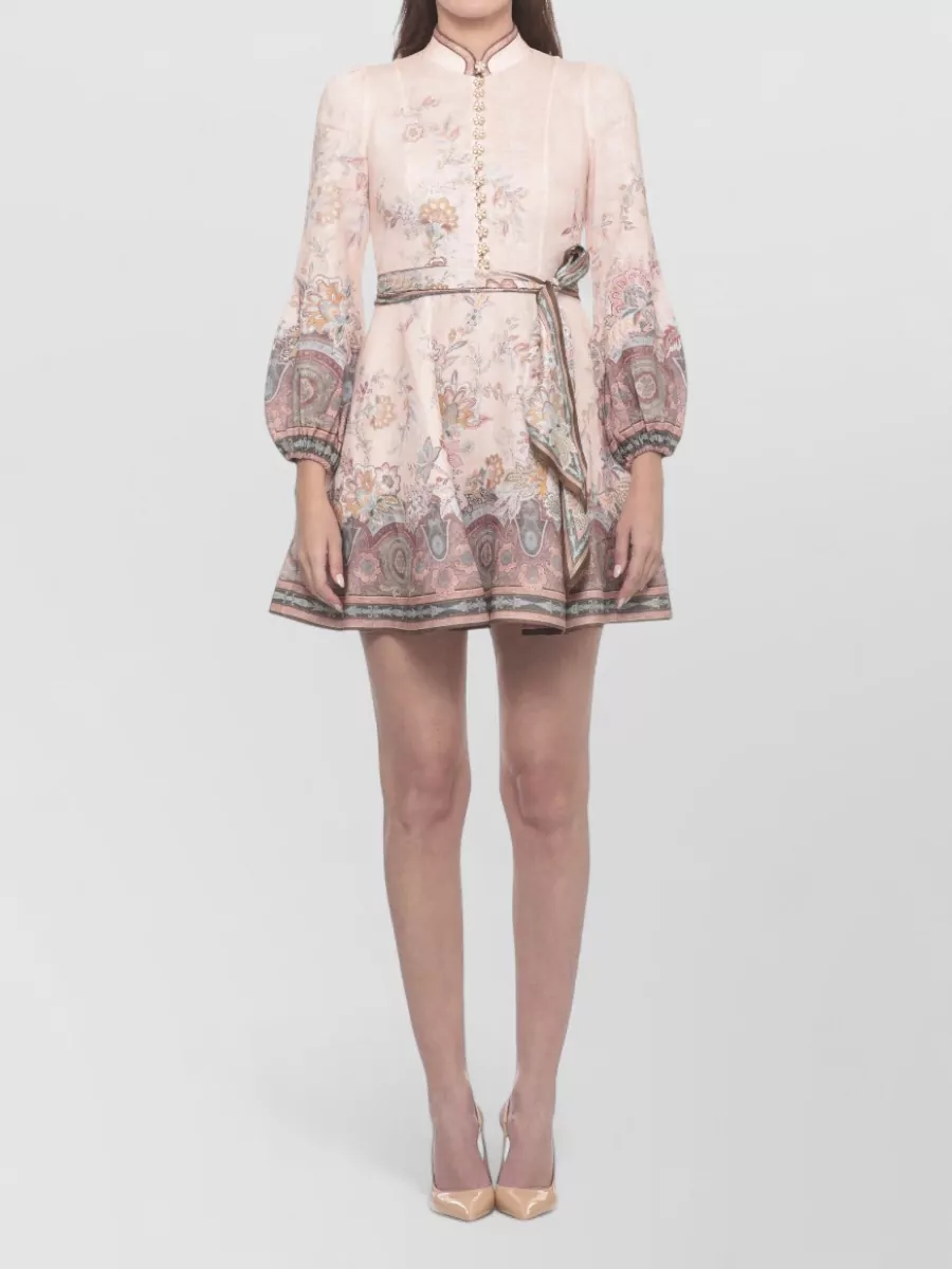 Zimmermann Linen Printed High-Neck Long-Sleeve Mini Dress