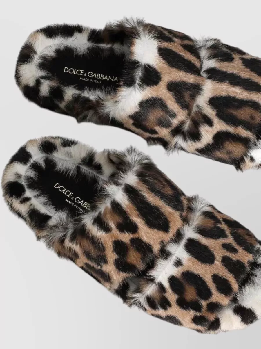 Dolce&Gabbana Leather Leopard-Print Fur-Trim Slippers